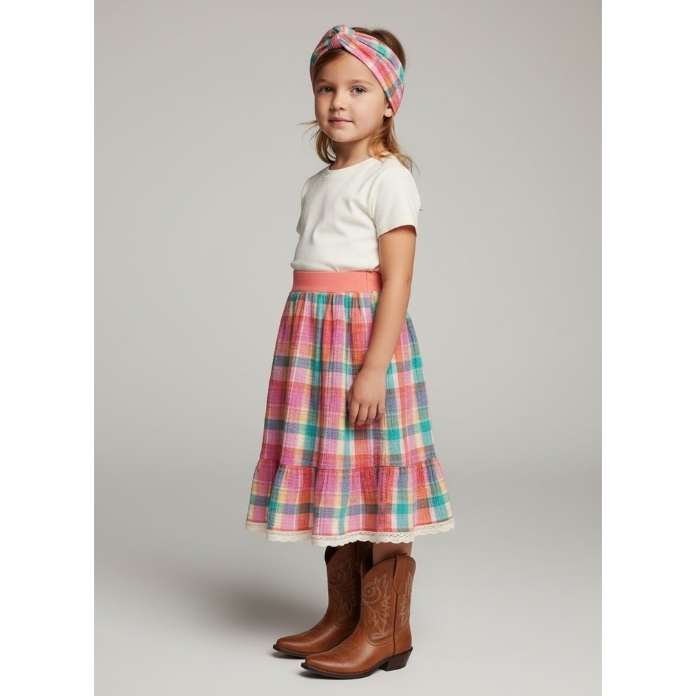 Girls Midi Mom and Pop's Kids Skirt Size 4 Multicolor Plaid Gauze Lace Pockets